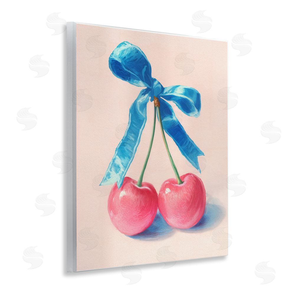 Imagine It Images Twin Cherries with Blue Ribbon Wooden Wall Plaque Art Print