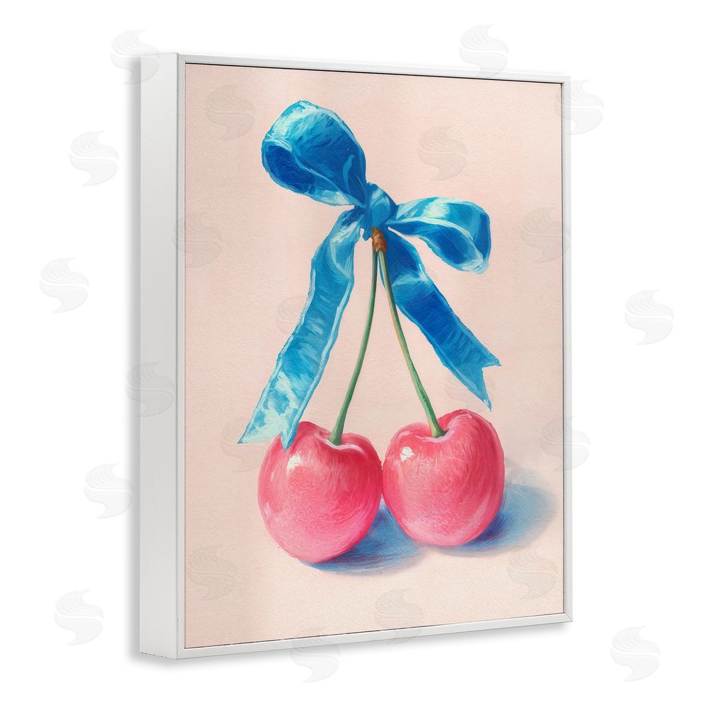 Imagine It Images Twin Cherries with Blue Ribbon White Framed Giclee Wall Art Print