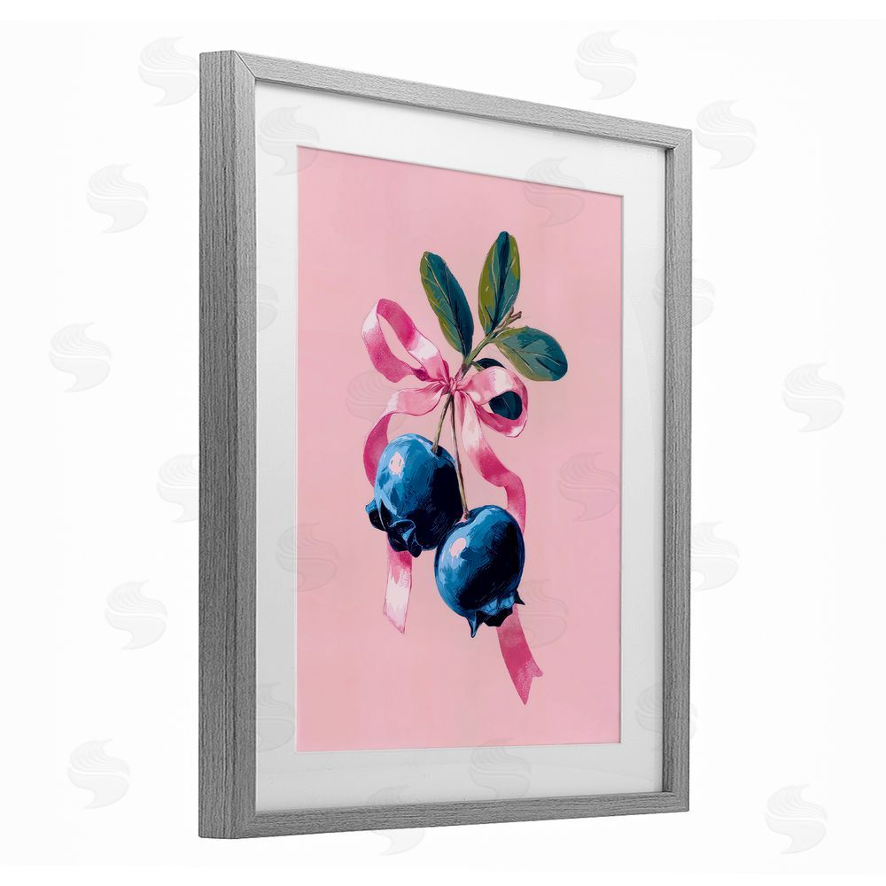 Imagine It Images Blueberry Branch with Pink Bow Gray Framed Print Under Glass Wall Art
