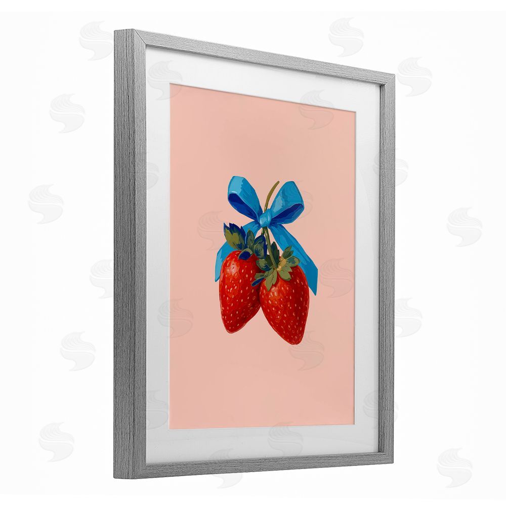 Imagine It Images Strawberry Pair with Blue Bow Gray Framed Print Under Glass Wall Art