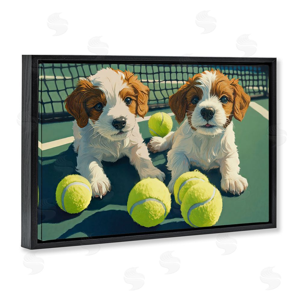 Imagine It Images Playful Puppies with Tennis Balls Black Floating Frame Canvas Wall Art Print