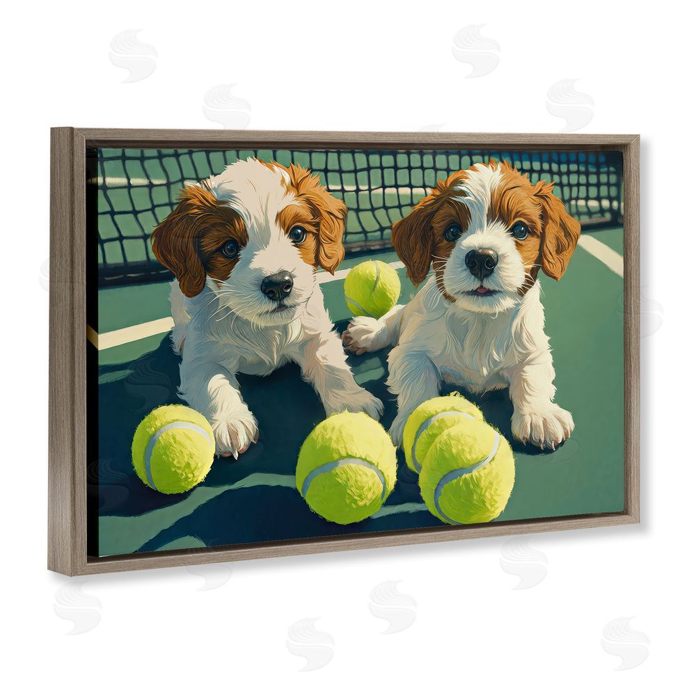 Imagine It Images Playful Puppies with Tennis Balls Brown Floating Frame Canvas Wall Art Print