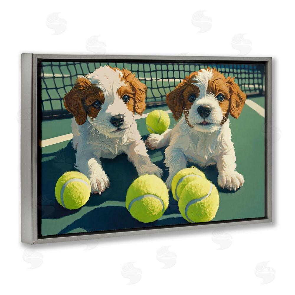 Imagine It Images Playful Puppies with Tennis Balls Gray Floating Frame Canvas Wall Art Print