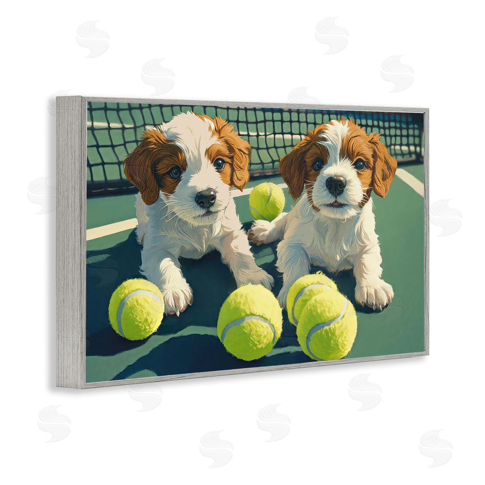 Imagine It Images Playful Puppies with Tennis Balls Gray Framed Giclee Wall Art Print