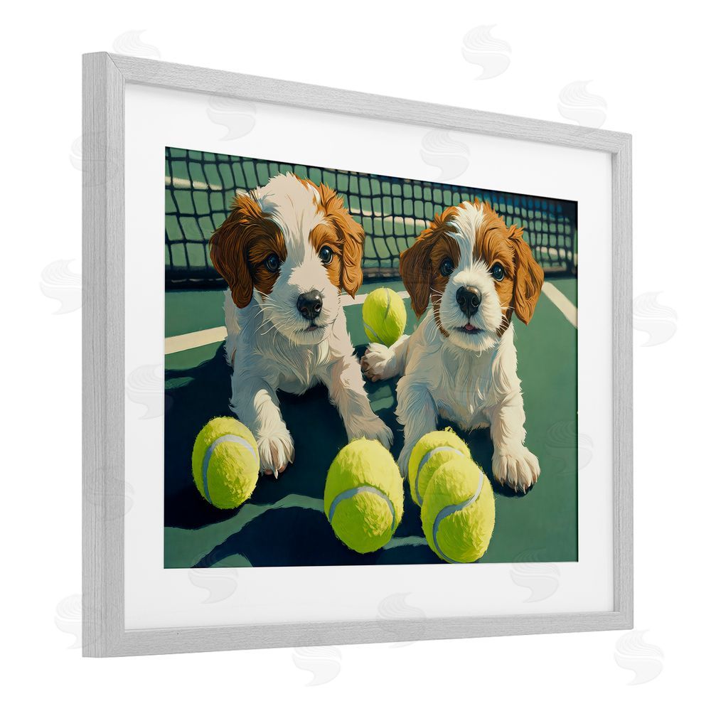 Imagine It Images Playful Puppies with Tennis Balls Gray Framed Print Under Glass Wall Art