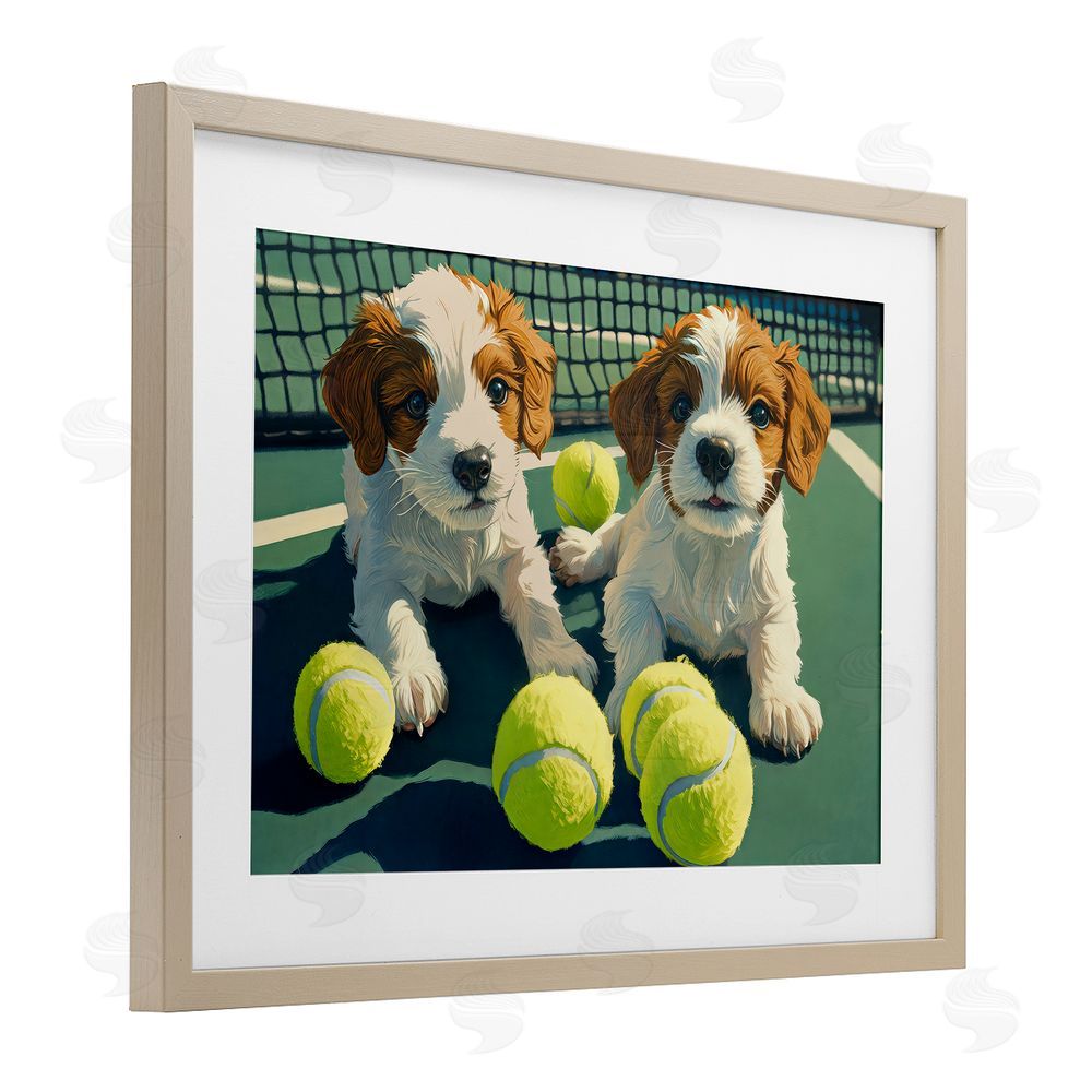 Imagine It Images Playful Puppies with Tennis Balls Brown Framed Print Under Glass Wall Art