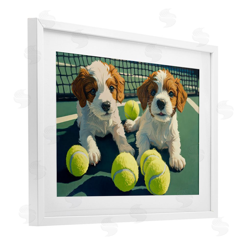Imagine It Images Playful Puppies with Tennis Balls White Framed Print Under Glass Wall Art