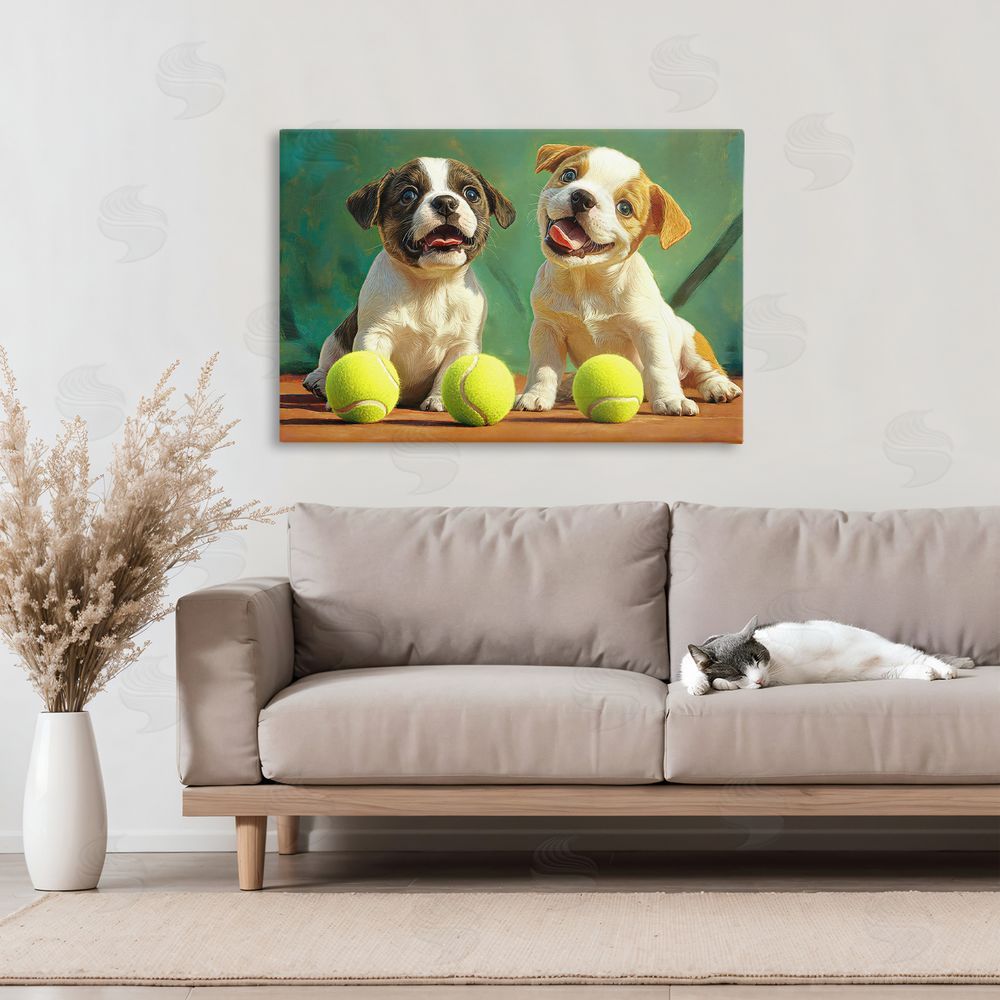 Imagine It Images Adorable Puppies with Tennis Balls Stretched Canvas Wall Art in Room