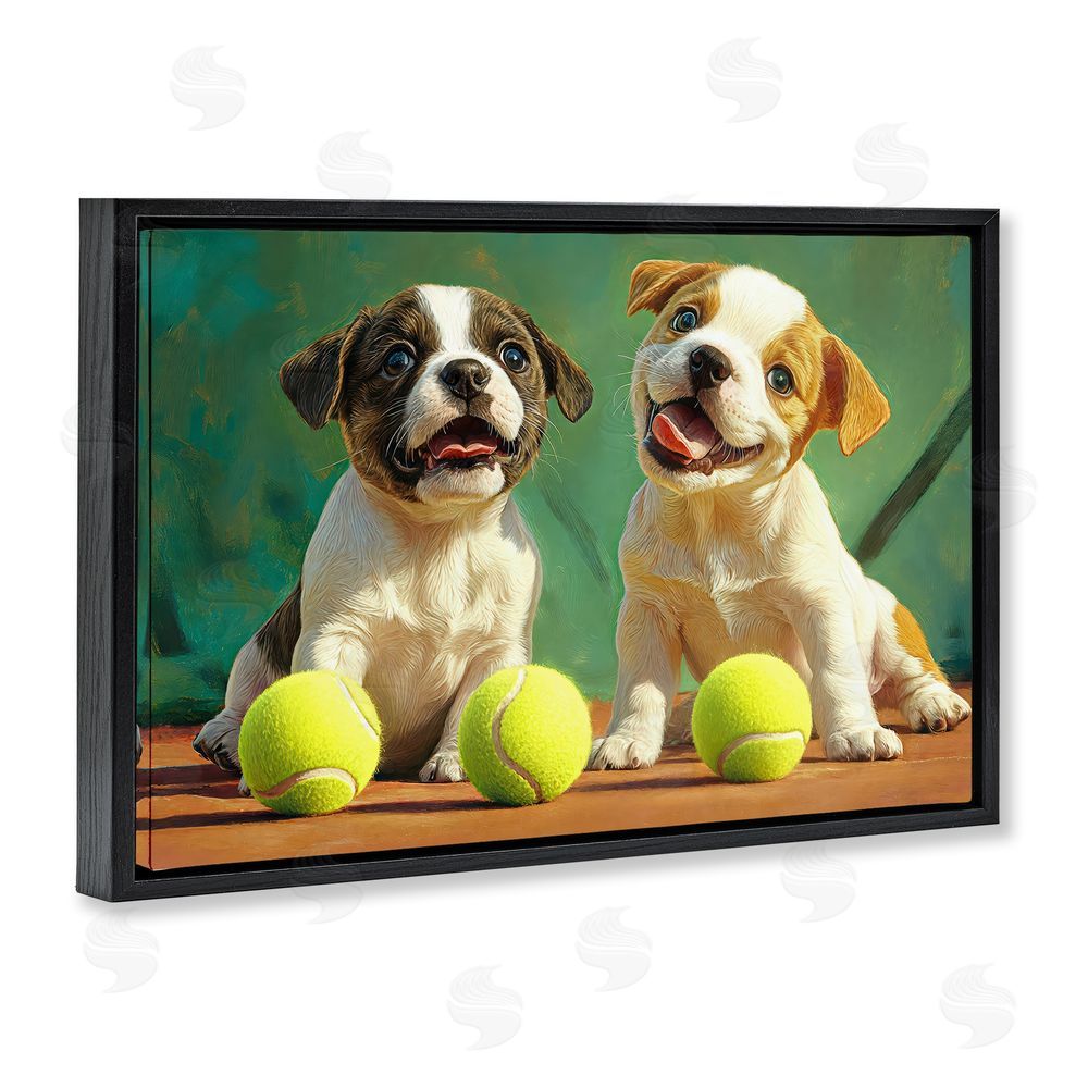 Imagine It Images Adorable Puppies with Tennis Balls Black Floating Frame Canvas Wall Art Print