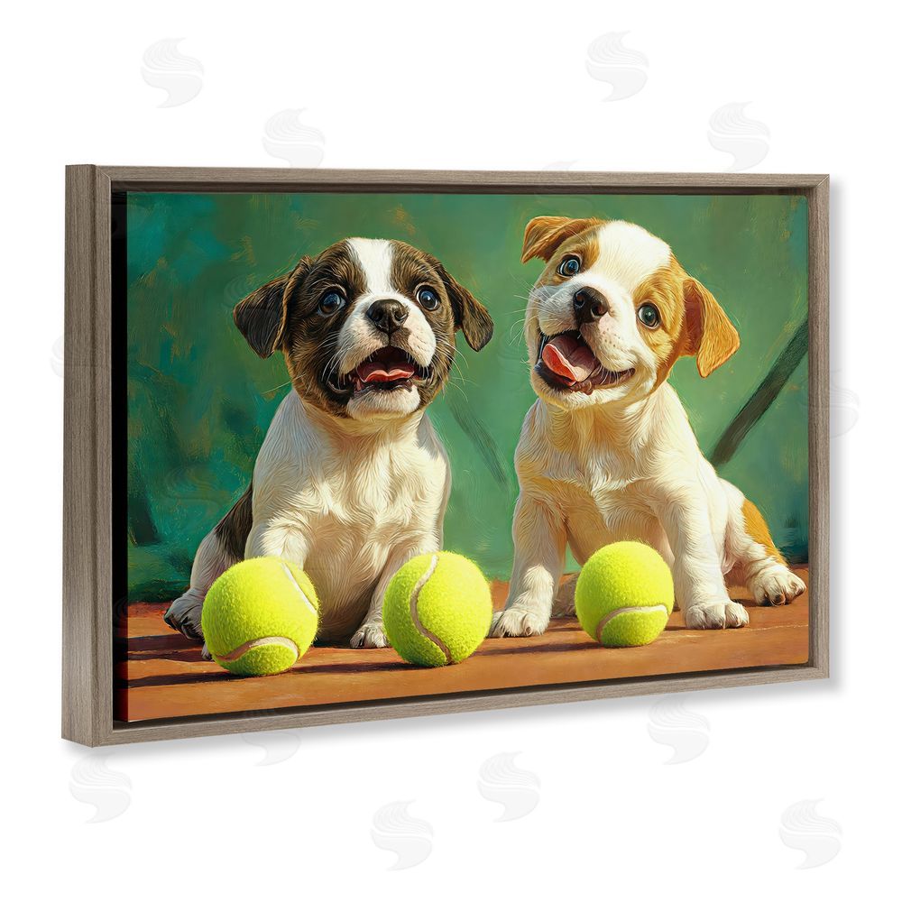 Imagine It Images Adorable Puppies with Tennis Balls Brown Floating Frame Canvas Wall Art Print