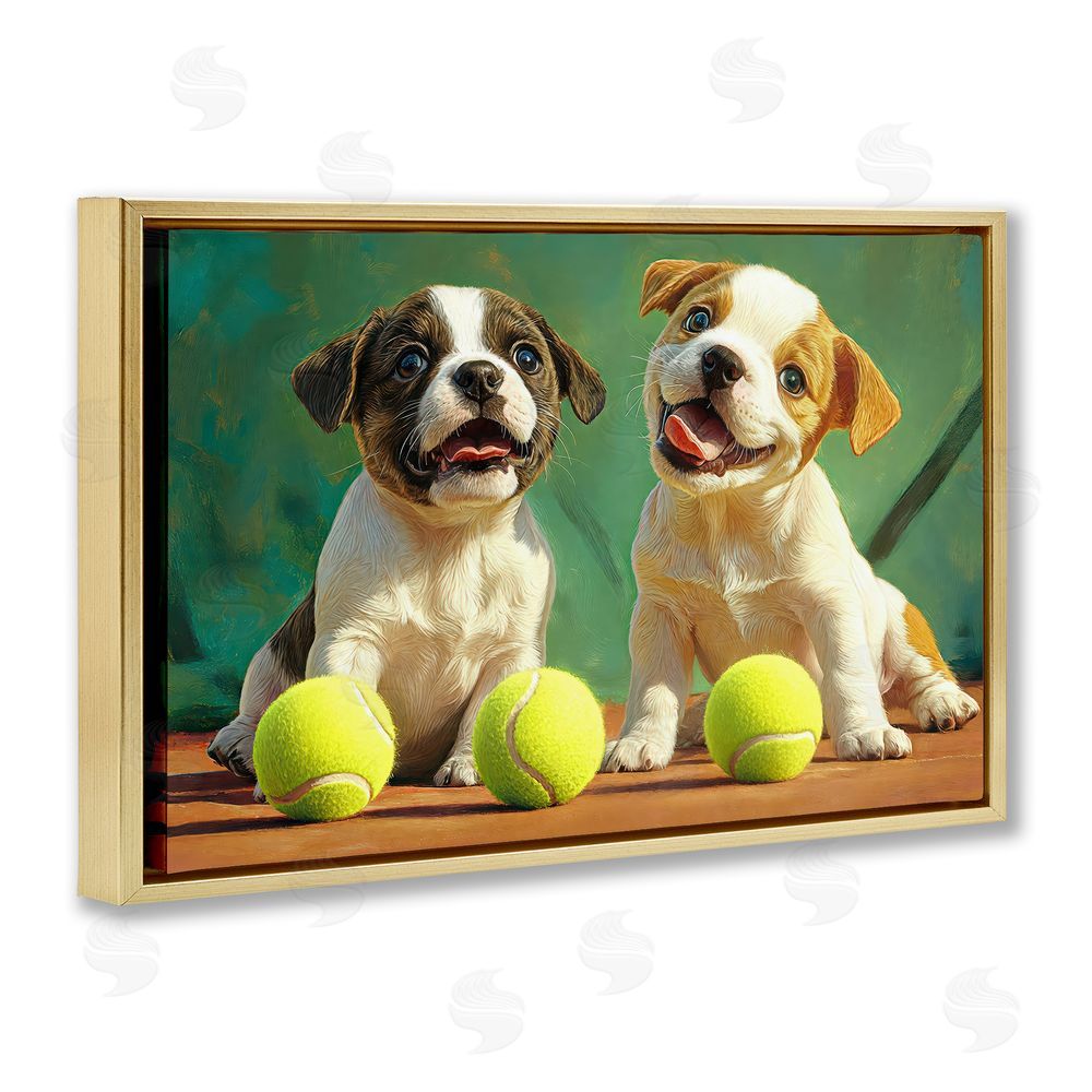 Imagine It Images Adorable Puppies with Tennis Balls Gold Floating Frame Canvas Wall Art Print