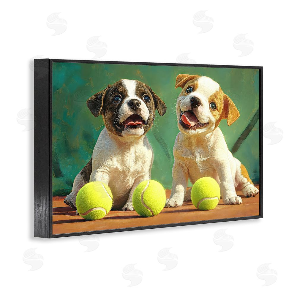 Imagine It Images Adorable Puppies with Tennis Balls Black Framed Giclee Wall Art Print