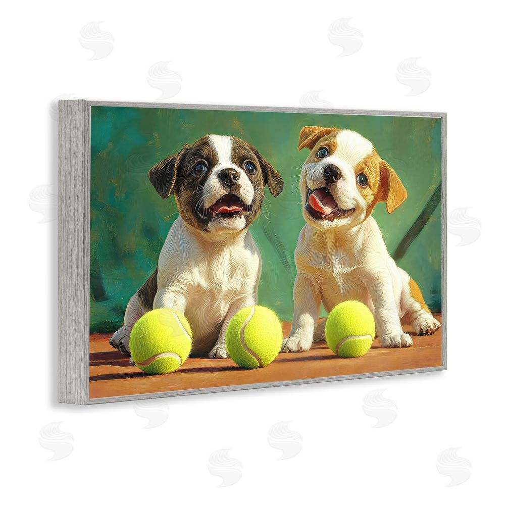 Imagine It Images Adorable Puppies with Tennis Balls Gray Framed Giclee Wall Art Print