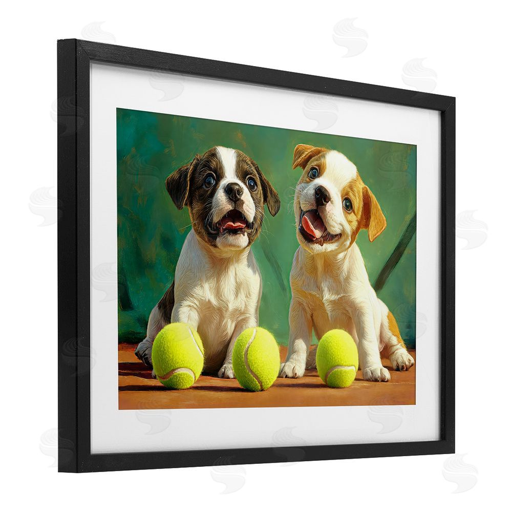 Imagine It Images Adorable Puppies with Tennis Balls Black Framed Print Under Glass Wall Art