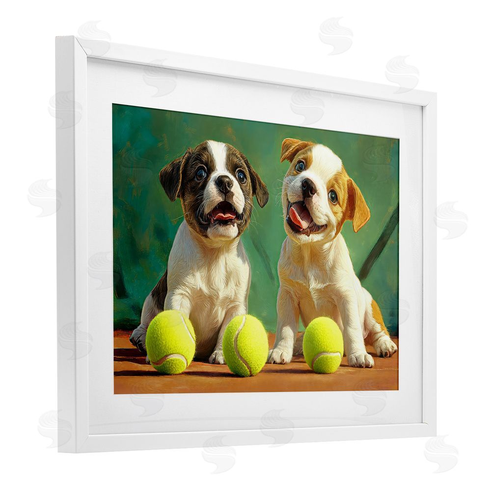 Imagine It Images Adorable Puppies with Tennis Balls White Framed Print Under Glass Wall Art