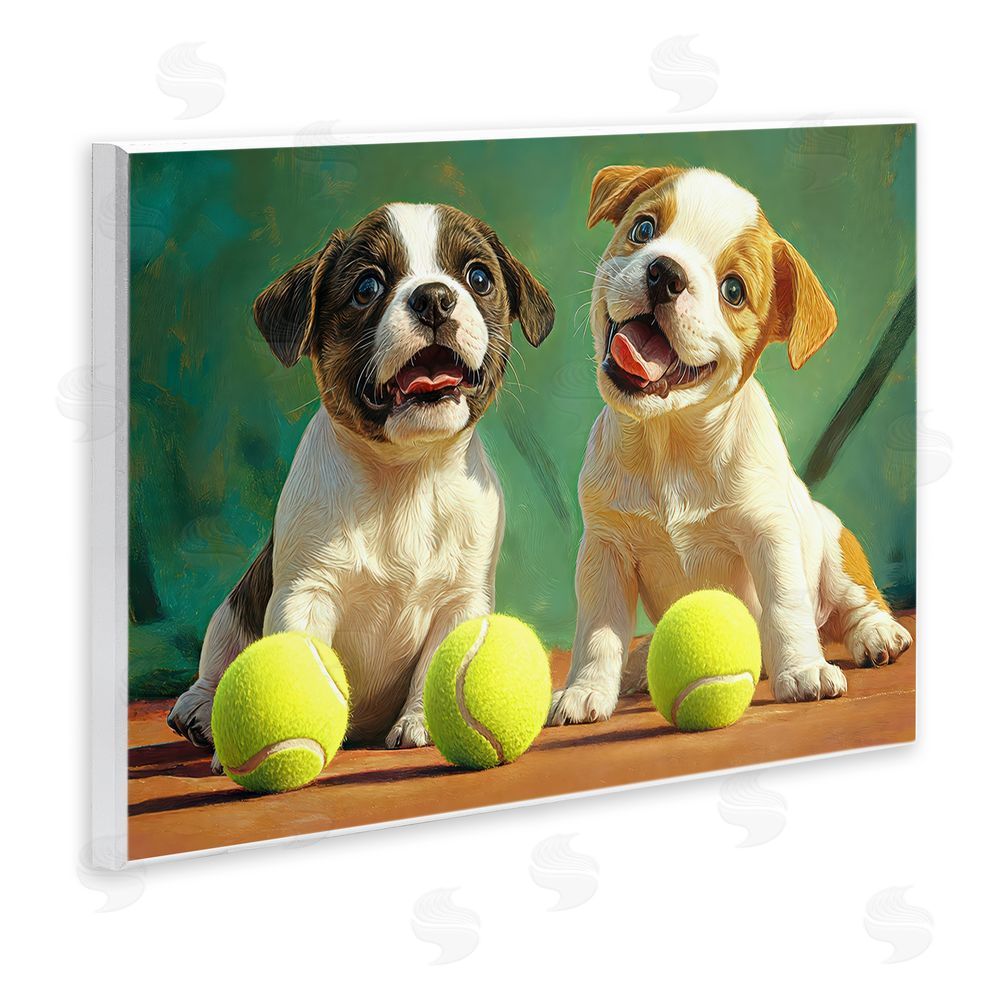 Imagine It Images Adorable Puppies with Tennis Balls Wooden Wall Plaque Art Print