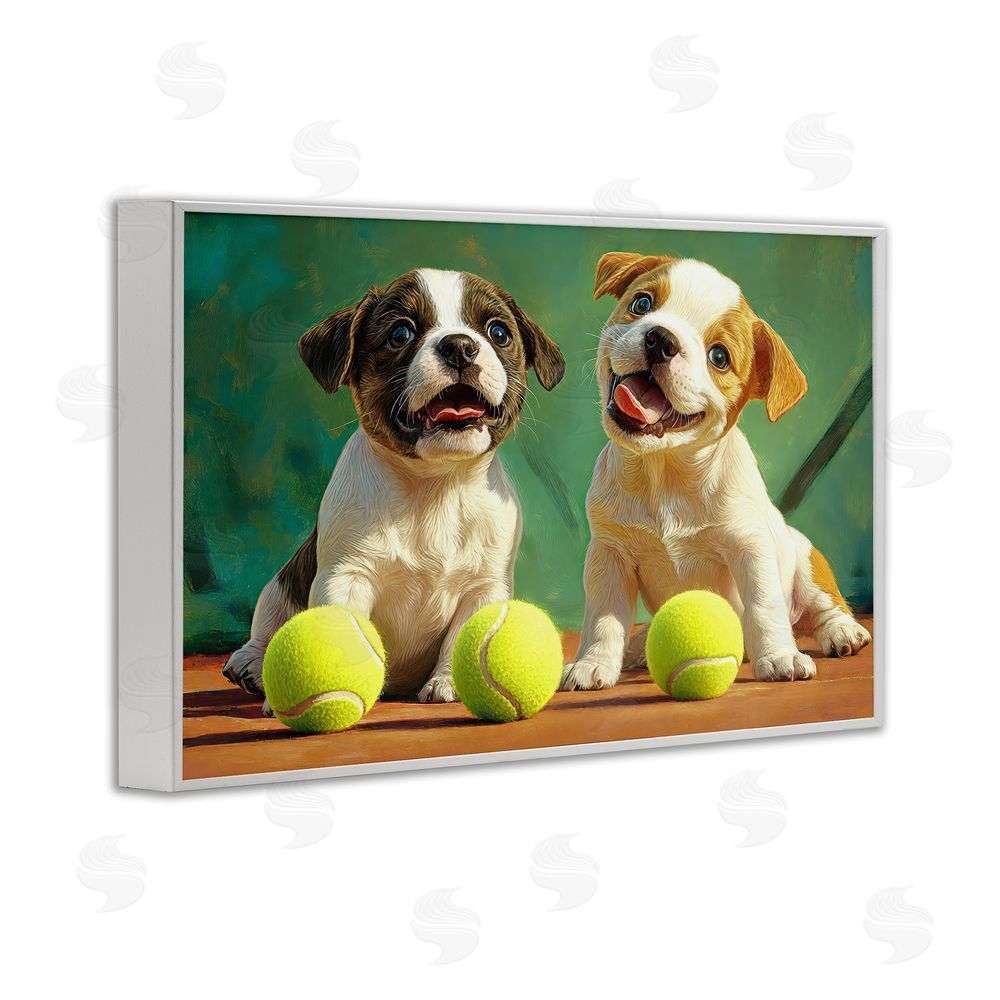 Imagine It Images Adorable Puppies with Tennis Balls White Framed Giclee Wall Art Print