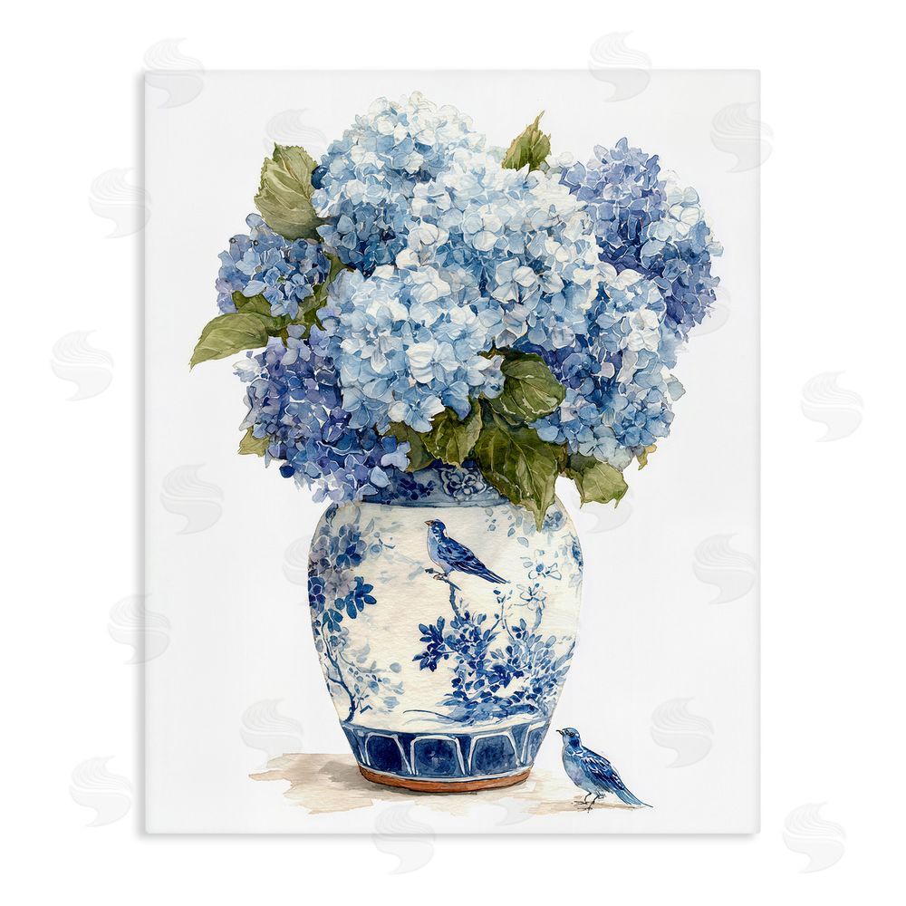 Imagine It Images Blue Bird & Hydrangea Vase Stretched Canvas Wall Art Print