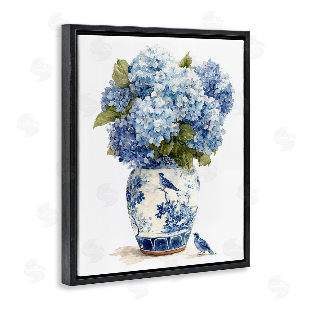 Imagine It Images Blue Bird & Hydrangea Vase Black Floating Frame Canvas Wall Art Print