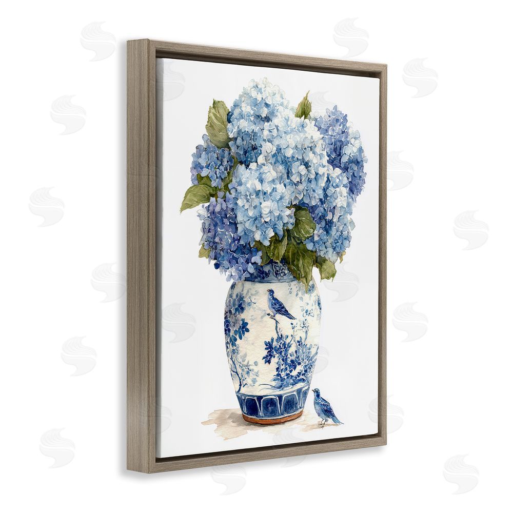 Imagine It Images Blue Bird & Hydrangea Vase Brown Floating Frame Canvas Wall Art Print