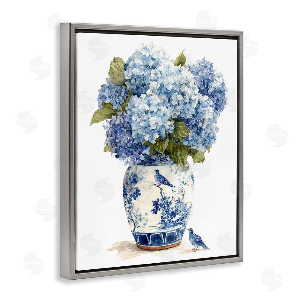 Imagine It Images Blue Bird & Hydrangea Vase Gray Floating Frame Canvas Wall Art Print
