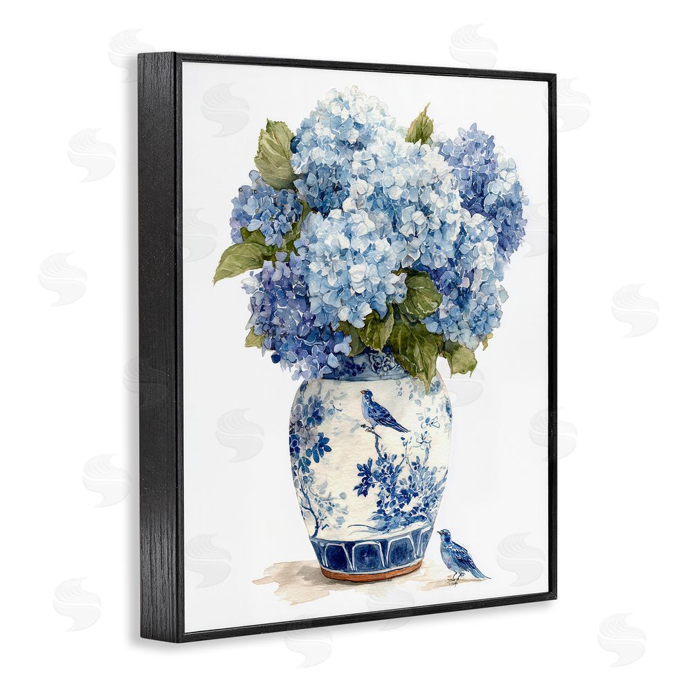 Imagine It Images Blue Bird & Hydrangea Vase Black Framed Giclee Wall Art Print