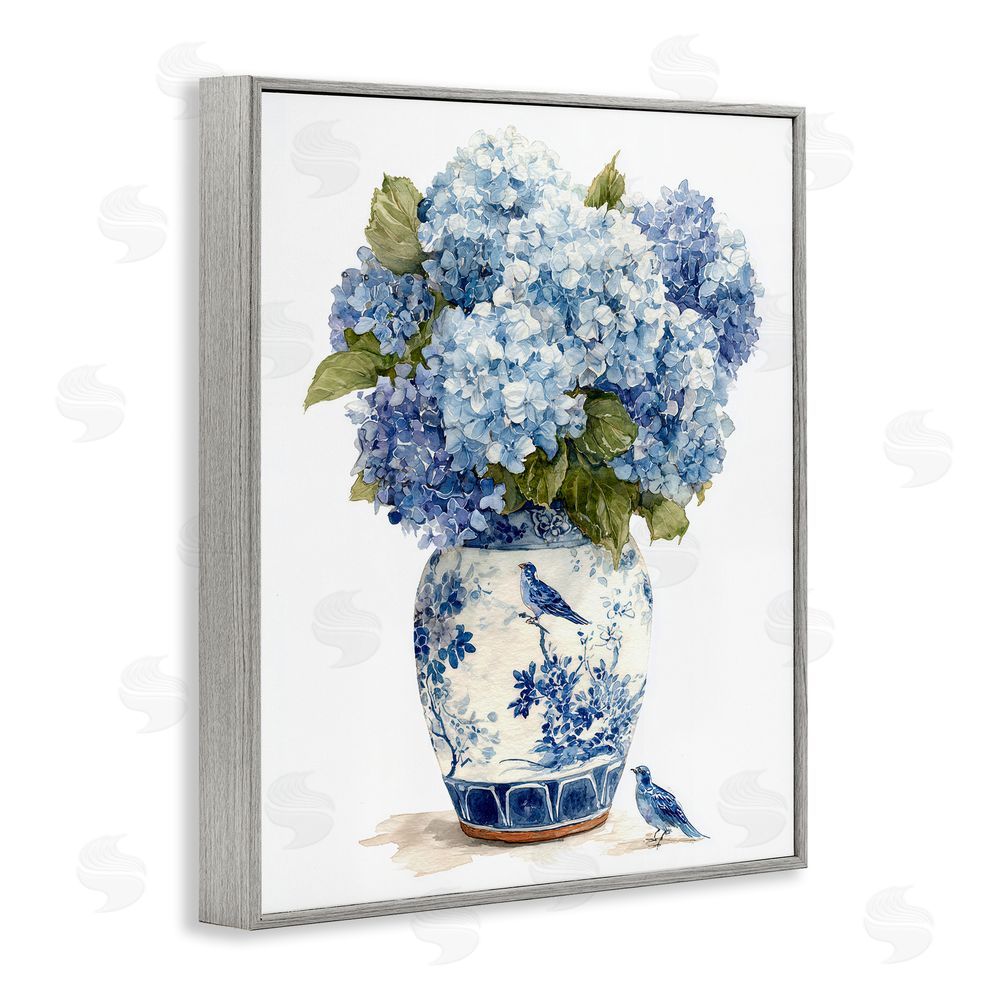 Imagine It Images Blue Bird & Hydrangea Vase Gray Framed Giclee Wall Art Print