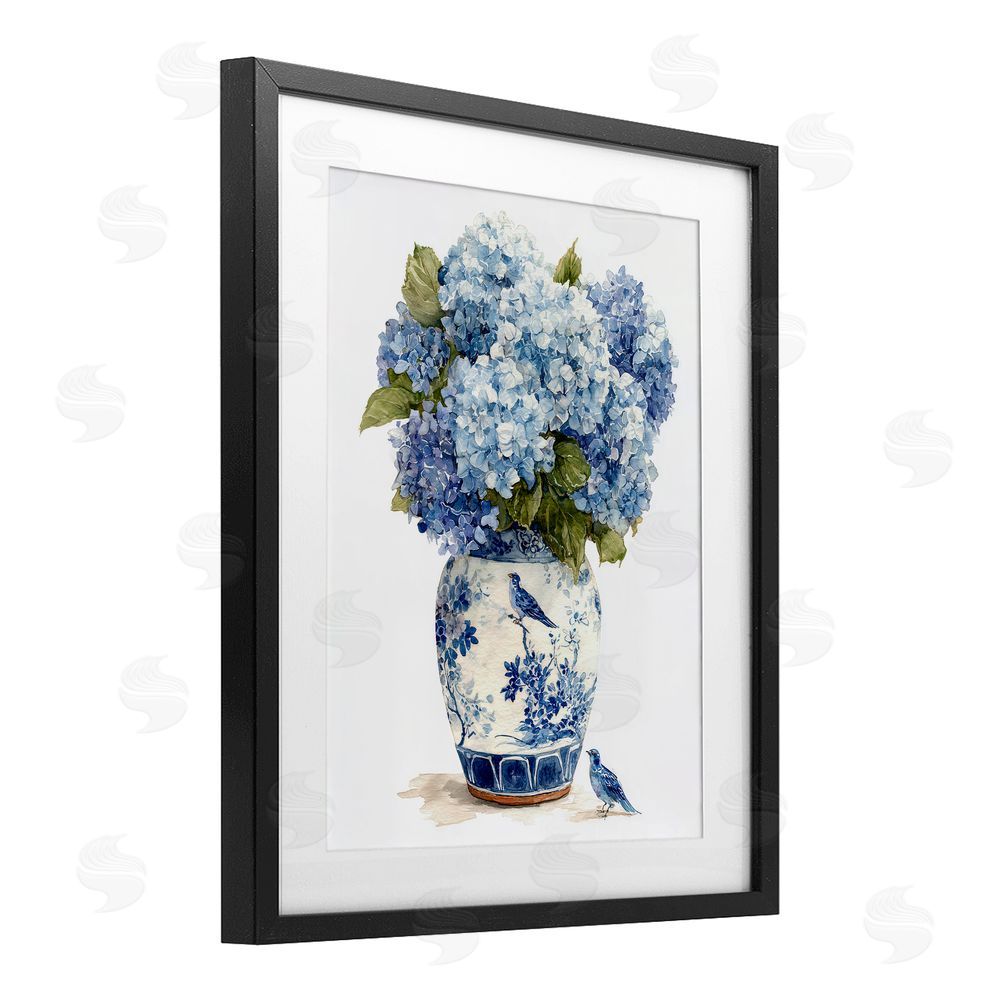 Imagine It Images Blue Bird & Hydrangea Vase Black Framed Print Under Glass Wall Art