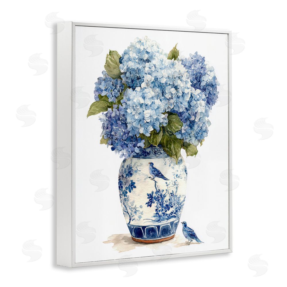 Imagine It Images Blue Bird & Hydrangea Vase White Framed Giclee Wall Art Print