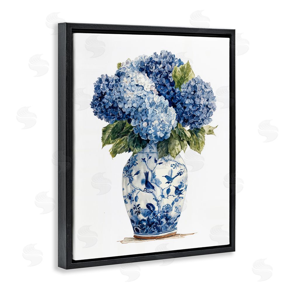 Imagine It Images Blue Hydrangeas in Porcelain Black Floating Frame Canvas Wall Art Print