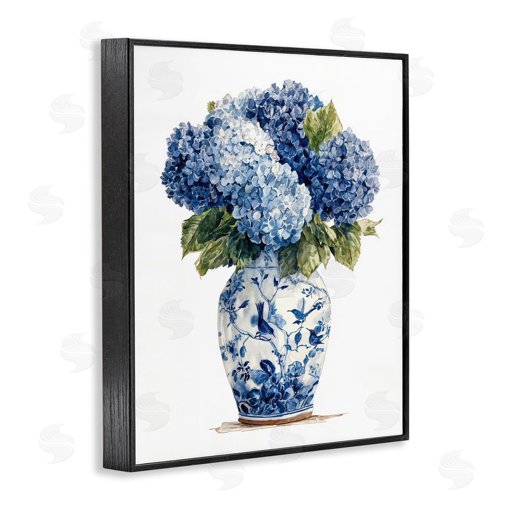 Imagine It Images Blue Hydrangeas in Porcelain Black Framed Giclee Wall Art Print