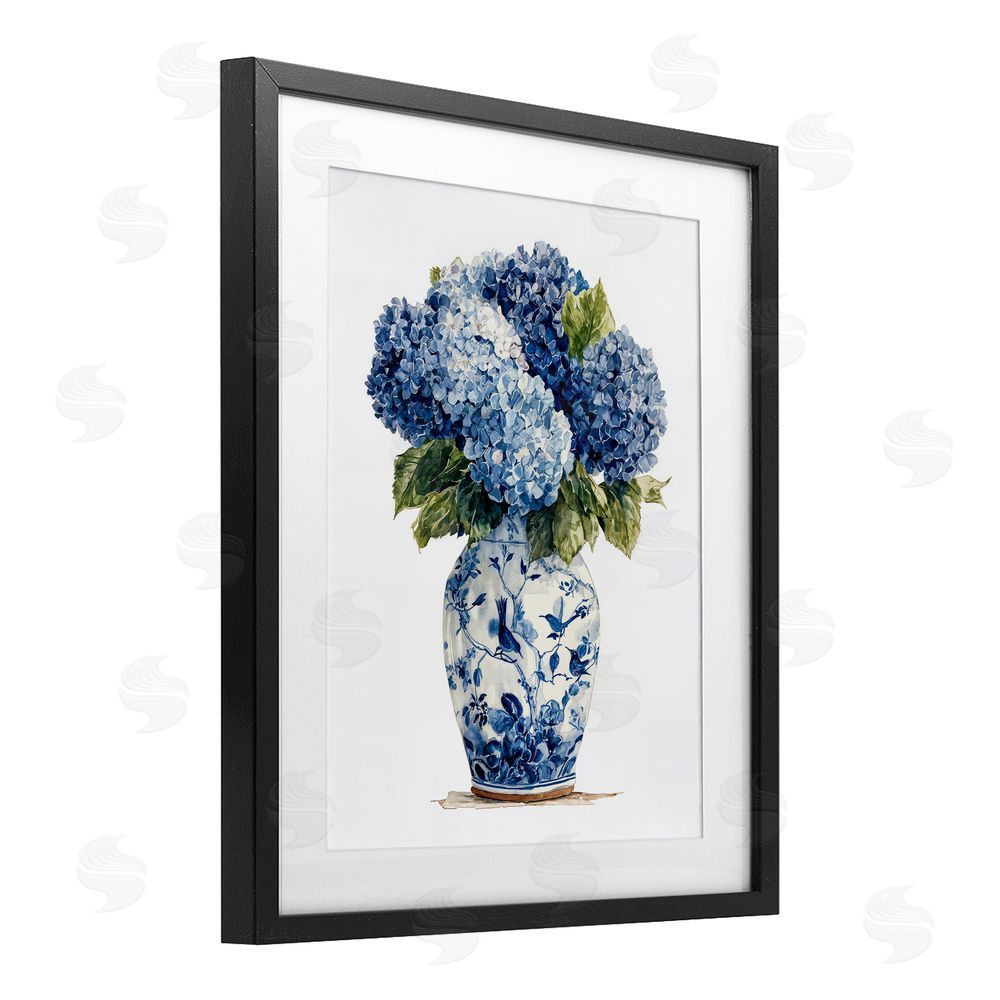 Imagine It Images Blue Hydrangeas in Porcelain Black Framed Print Under Glass Wall Art