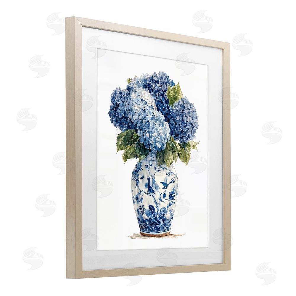 Imagine It Images Blue Hydrangeas in Porcelain Brown Framed Print Under Glass Wall Art