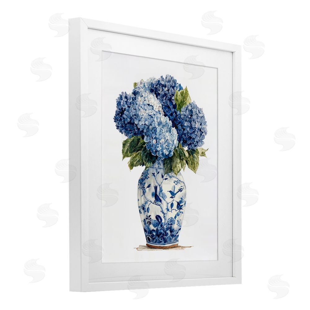 Imagine It Images Blue Hydrangeas in Porcelain White Framed Print Under Glass Wall Art