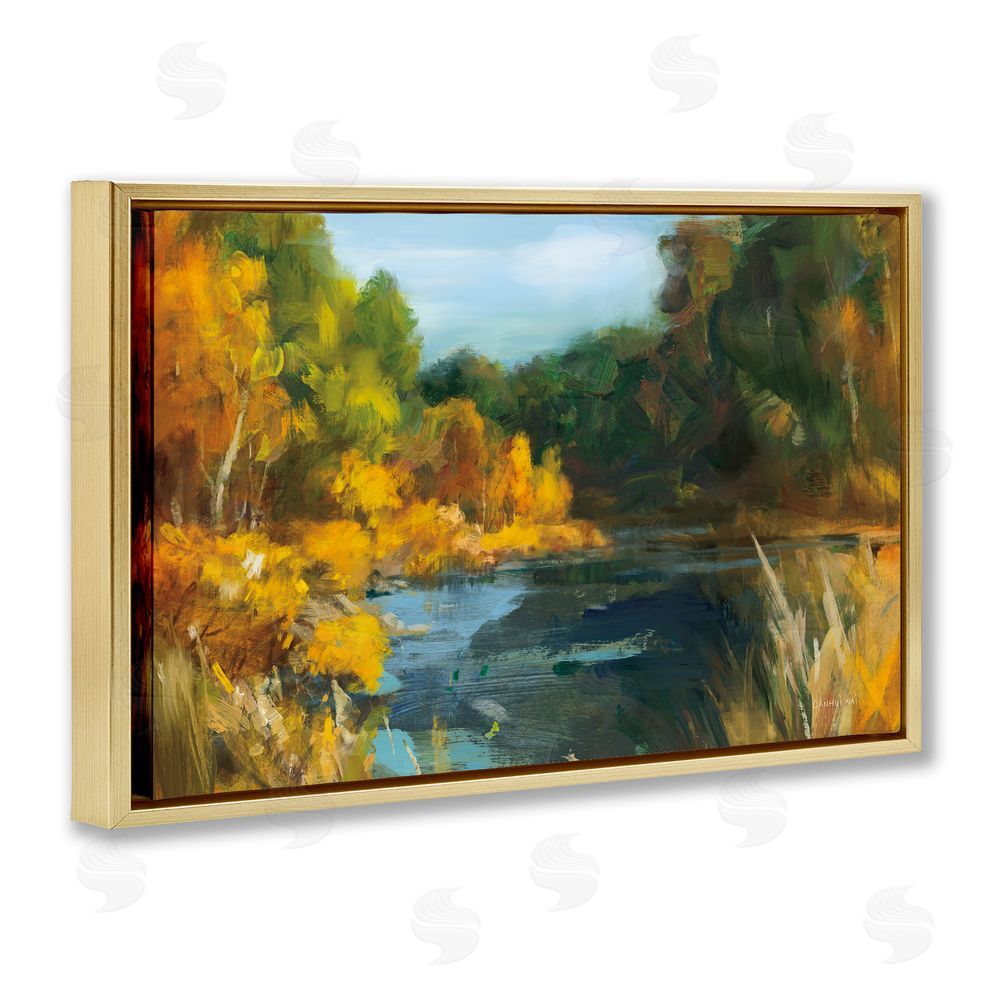 Danhui Nai Autumn River Bend Abstract Gold Floating Frame Stretched Canvas Wall Art Print