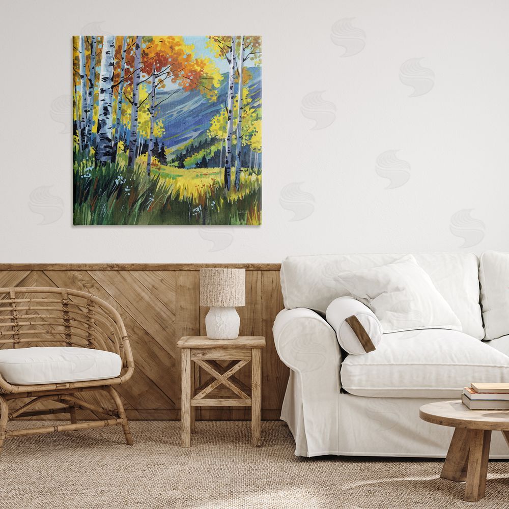 Kate Jarvik Birch Autumn Golden Birch Grove Stretched Canvas Wall Art Print in Room