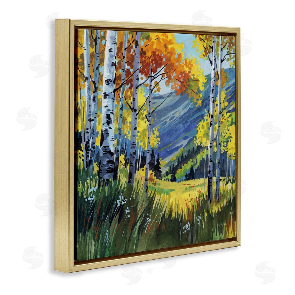 Kate Jarvik Birch Autumn Golden Birch Grove Gold Floating Frame Stretched Canvas Wall Art Print