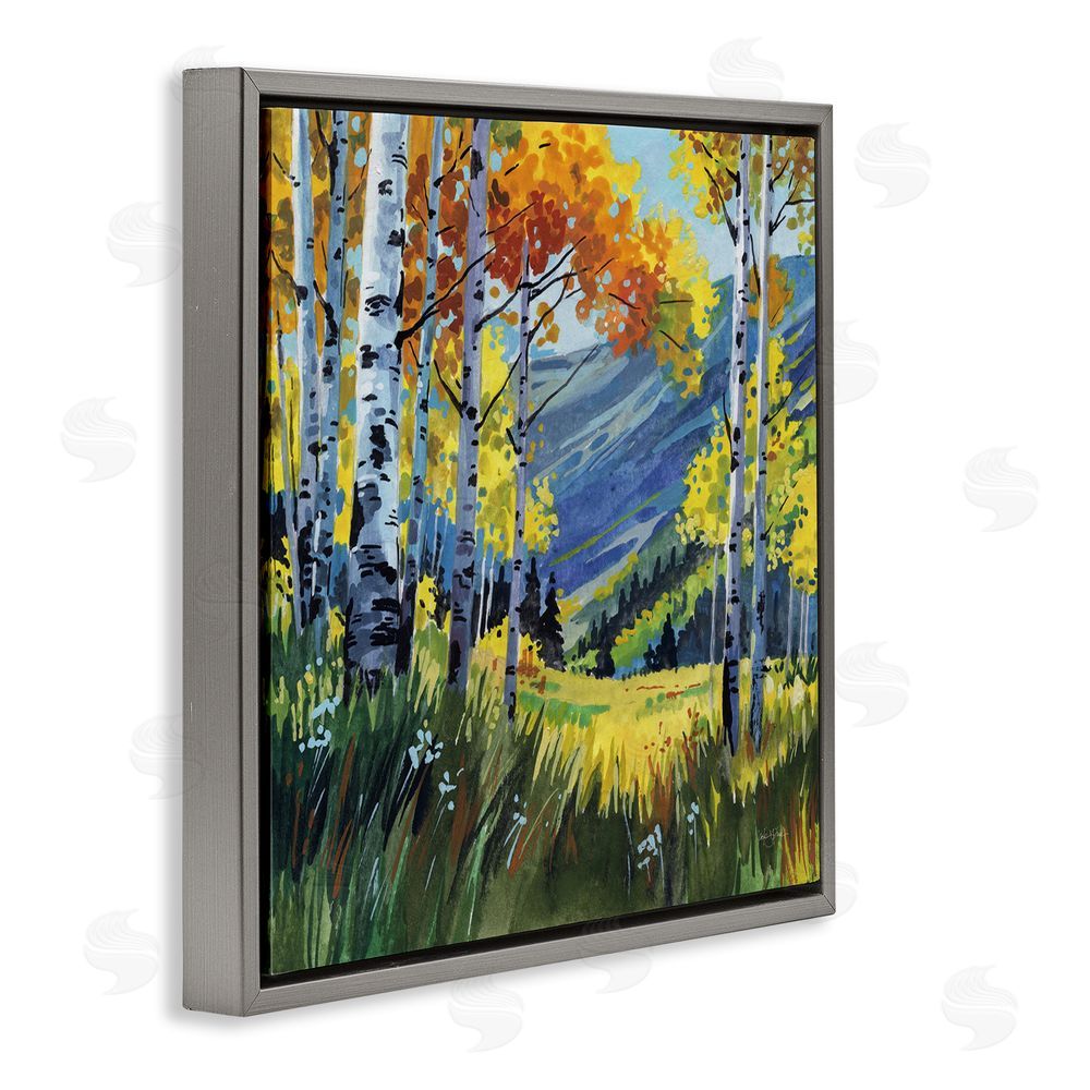 Kate Jarvik Birch Autumn Golden Birch Grove Gray Floating Frame Stretched Canvas Wall Art Print