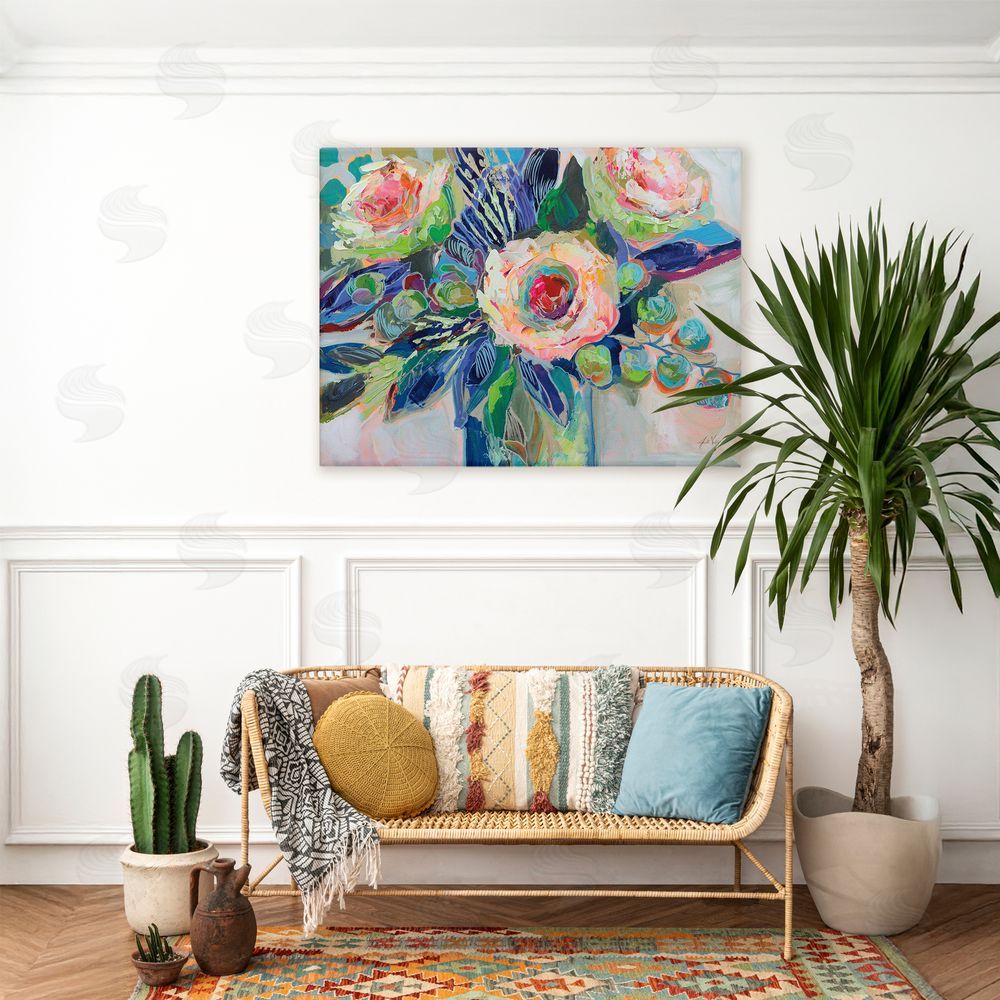 Jeanette Vertentes Centered Triple Blooms Stretched Canvas Wall Art in Room