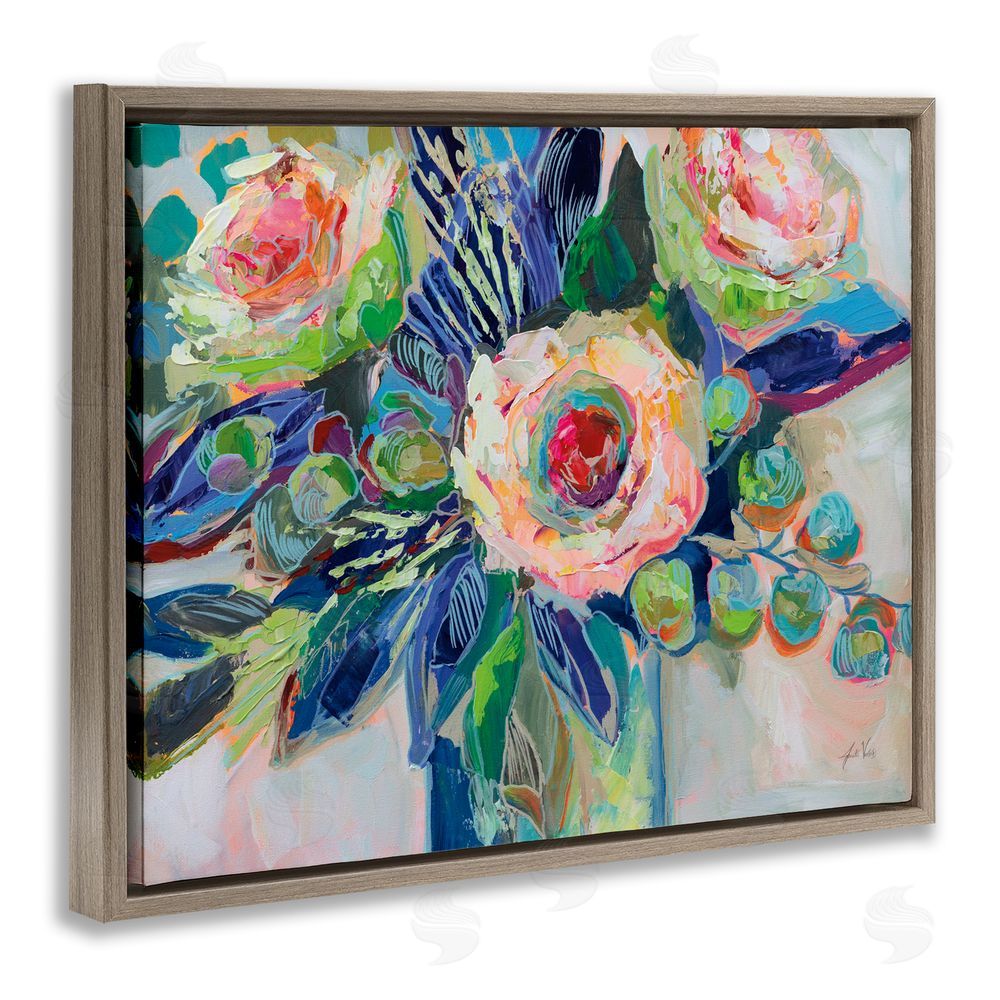 Jeanette Vertentes Centered Triple Blooms Brown Floating Frame Canvas Wall Art Print