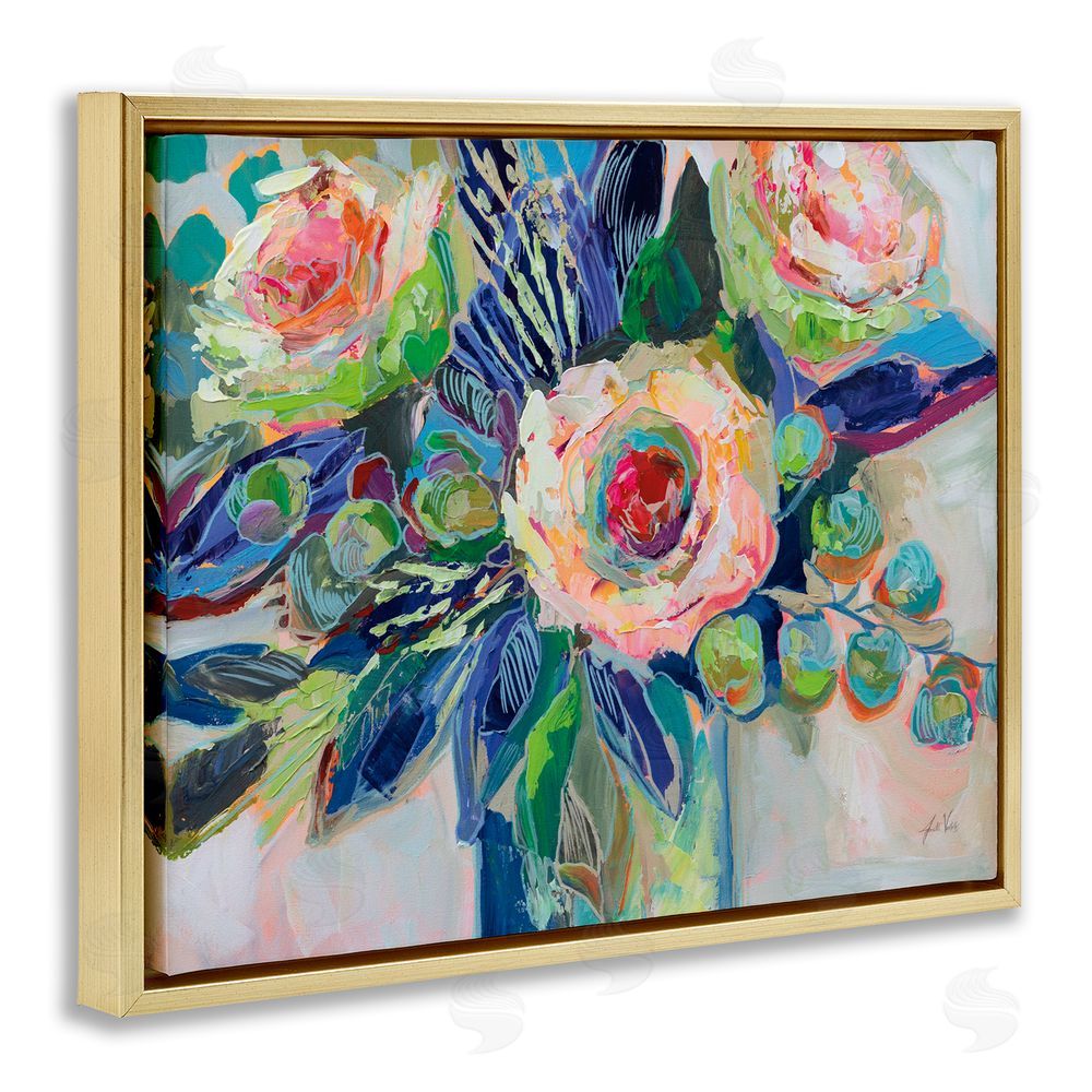 Jeanette Vertentes Centered Triple Blooms Gold Floating Frame Canvas Wall Art Print