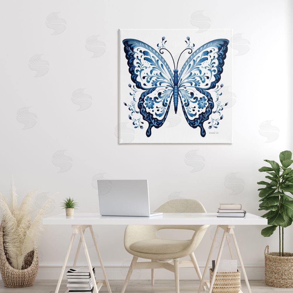 Danhui Nai Blue Butterfly Boho Pattern Stretched Canvas Wall Art in Room