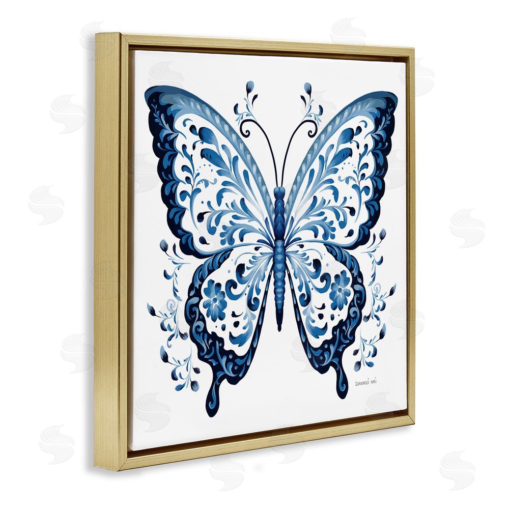 Danhui Nai Blue Butterfly Boho Pattern Gold Floating Frame Canvas Wall Art Print