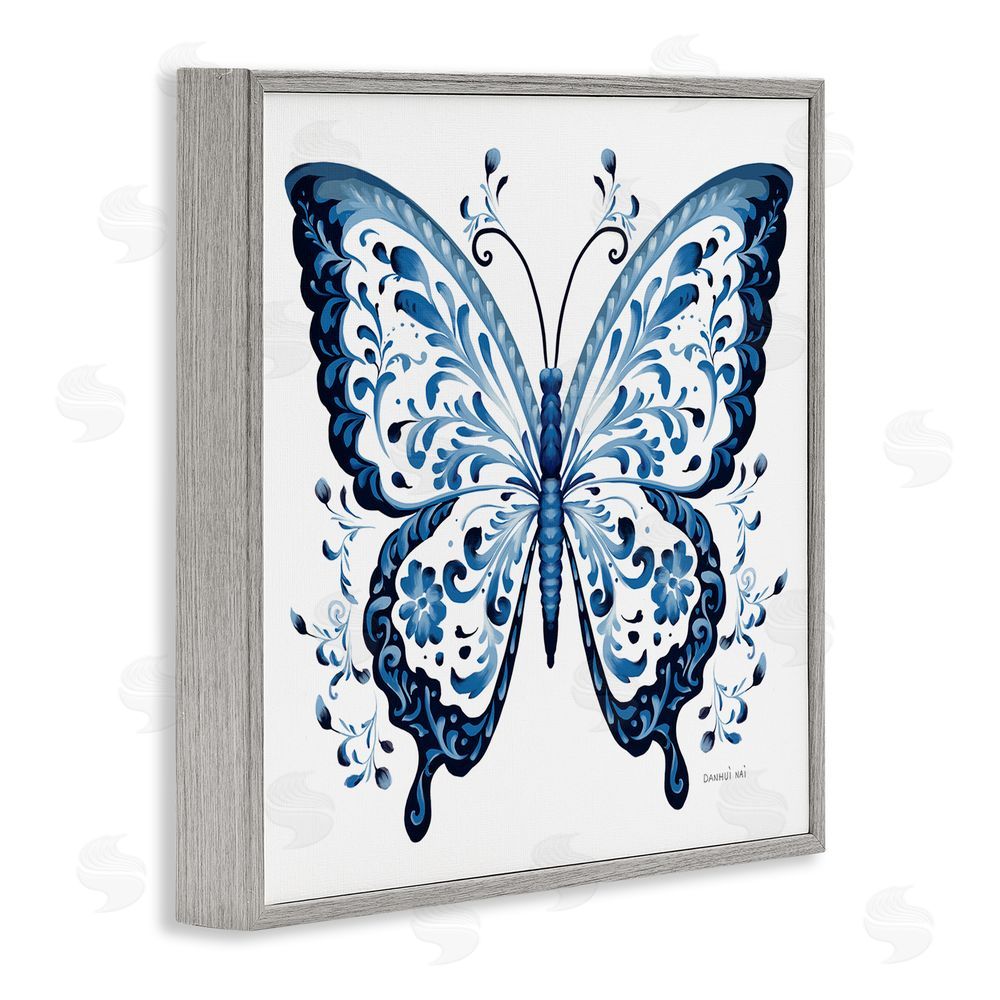 Danhui Nai Blue Butterfly Boho Pattern Gray Framed Giclee Wall Art Print