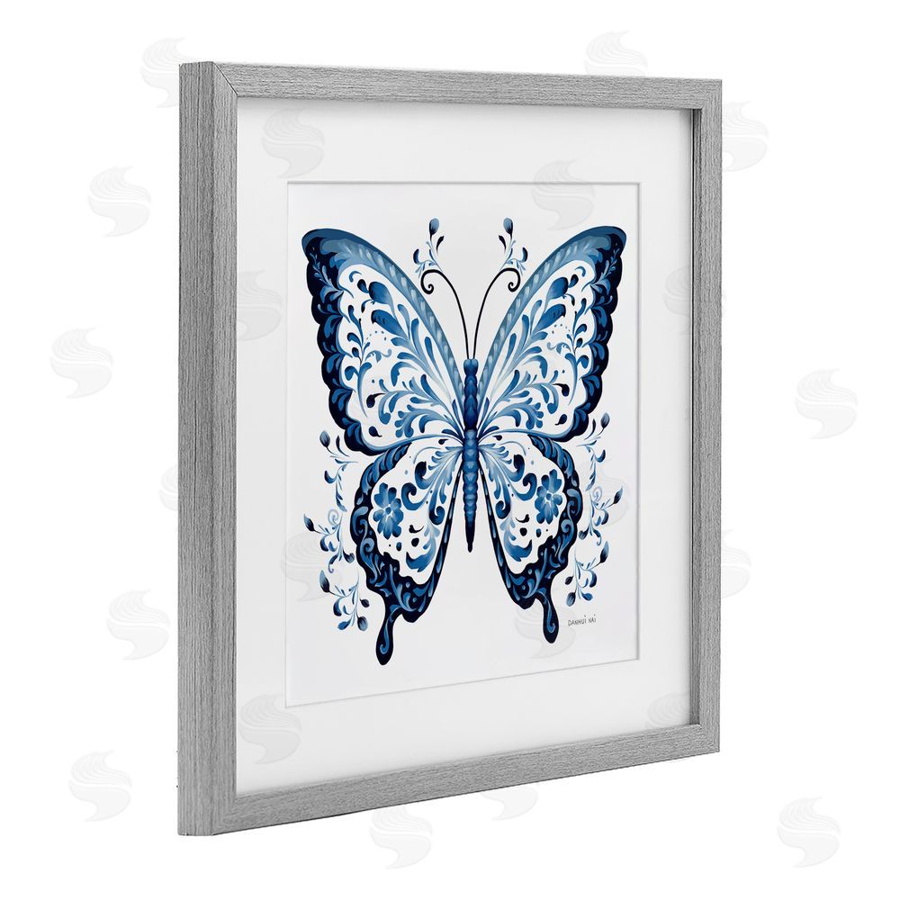 Danhui Nai Blue Butterfly Boho Pattern Gray Framed Print Under Glass Wall Art
