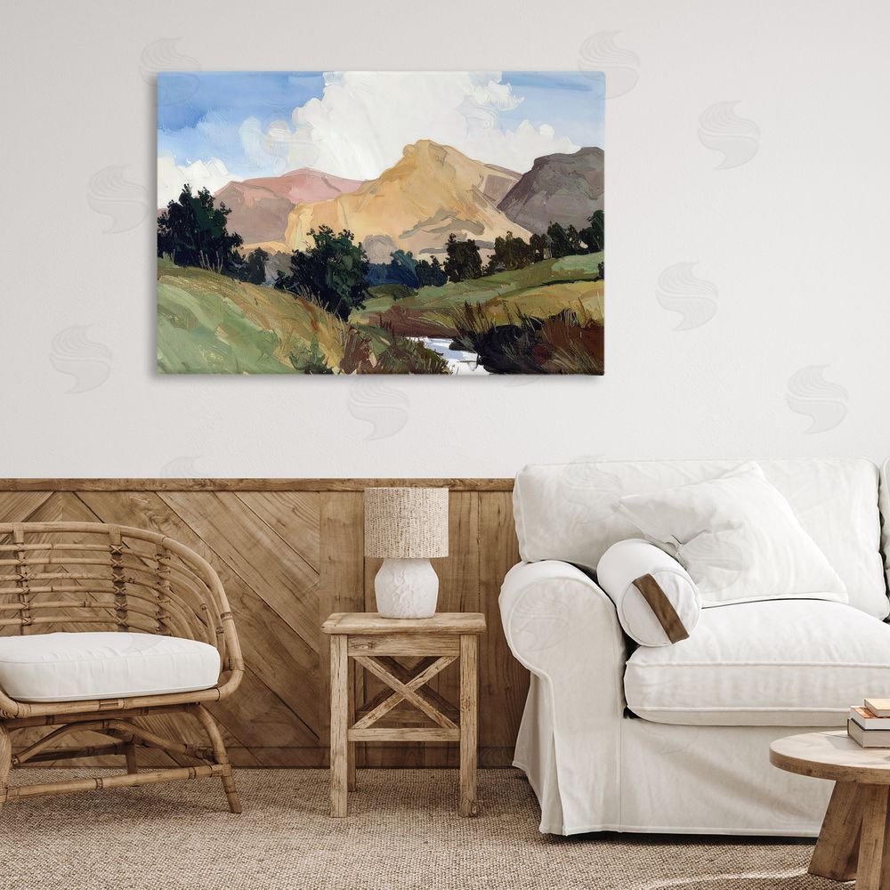 Alonza Saunders River Mountain Divide Stretched Canvas Wall Art in Room