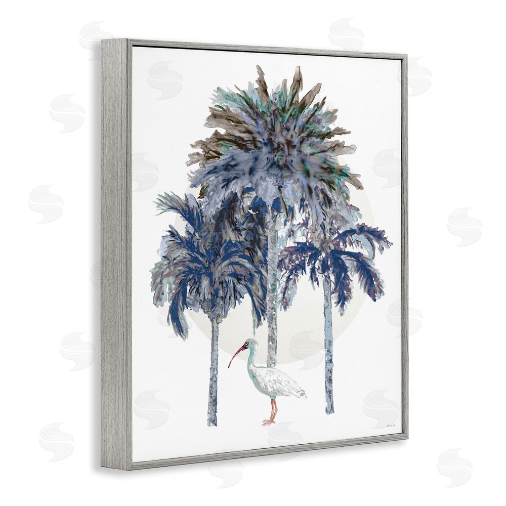 Stellar Design Studio Tropical Palm Trio & Ibis Gray Framed Giclee Wall Art Print