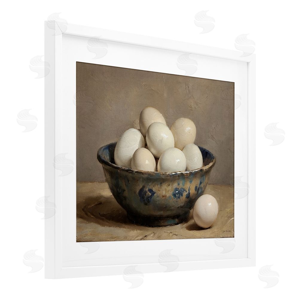 Jo Moulton Farmhouse Eggs in Porcelain Bowl White Framed Print Under Glass Wall Art