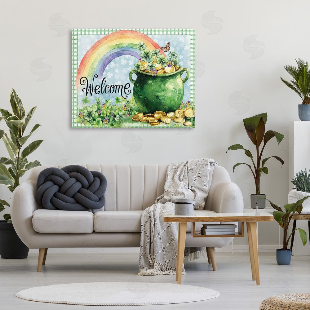 Nicole DeCamp Welcome Rainbow Pot Of Gold Stretched Canvas Wall Art in Room