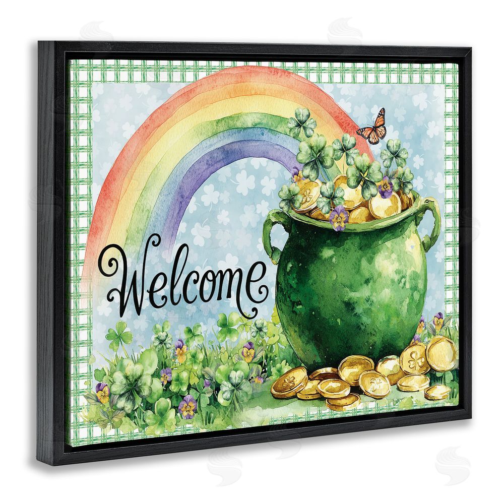 Nicole DeCamp Welcome Rainbow Pot Of Gold Black Floating Frame Canvas Wall Art Print